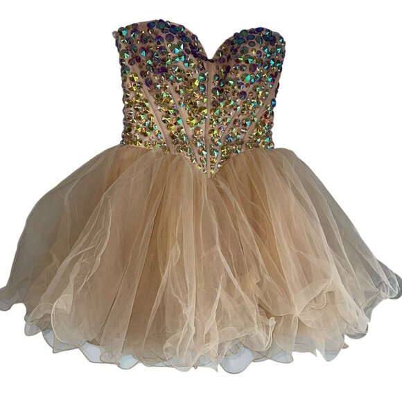 Sherri Hill Tulle Peach Beige Mini Dress Sz 4 Iridescent Rhinestones Prom Corset - Picture 1 of 9